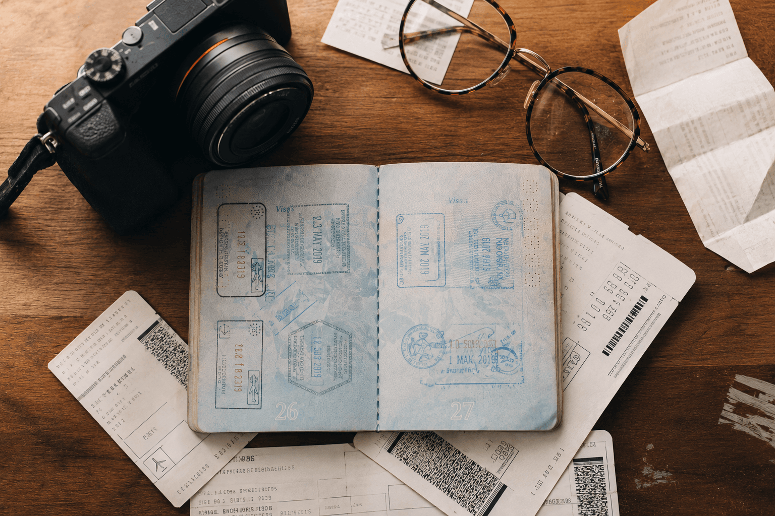 Open passport and travel memories on a wooden table